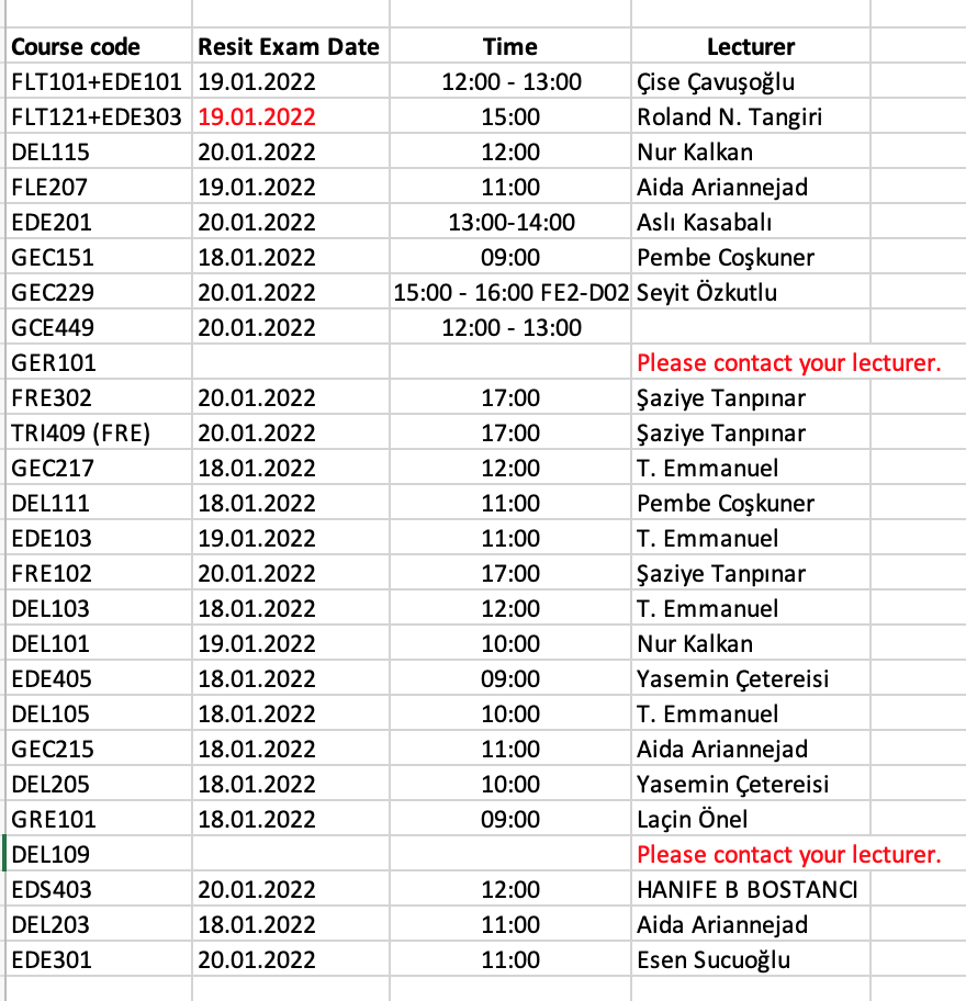 2021-22 Fall Resit Exam Timetable – English Language and Literature