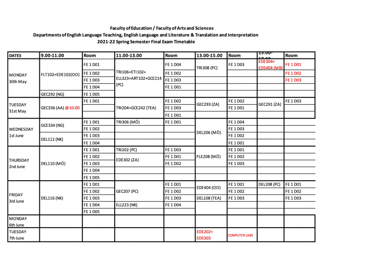 2021-22 Spring Final Exam Timetable Announced! – English Language and Literature, English