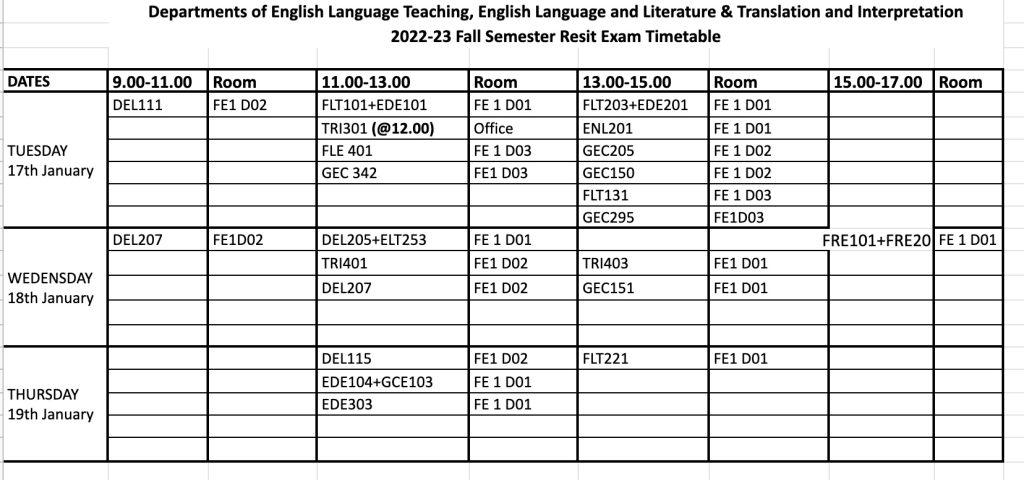 2022-23 Fall Semester Resit Exam Timetable β English Language and ...