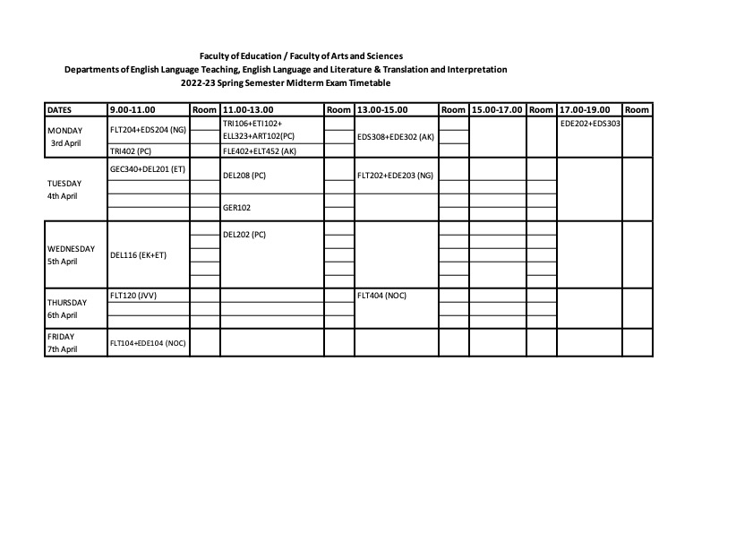 2022-23 Spring Semester Midterm Exam Timetable β Tentative β English ...