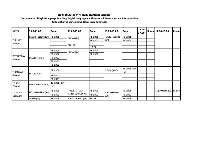 2022-23 Spring Semester Midterm Exam Timetable with Rooms β English ...