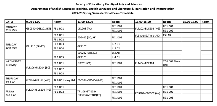 2022-23 Spring Semester Final Exam Timetable with Rooms β English ...